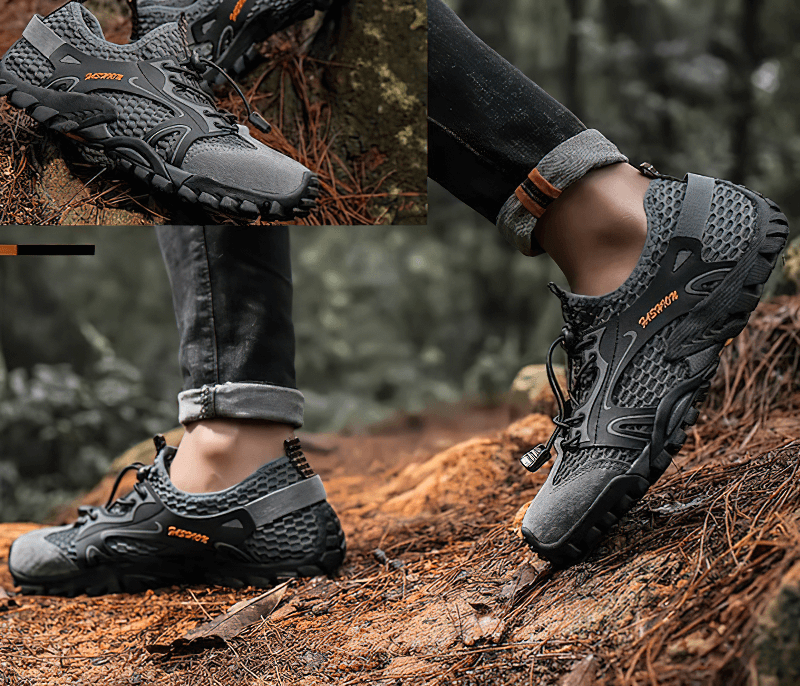 Men's waterproof non-slip climbing sneakers for hiking, featuring a stylish patchwork design and flexible rubber outsole for traction.