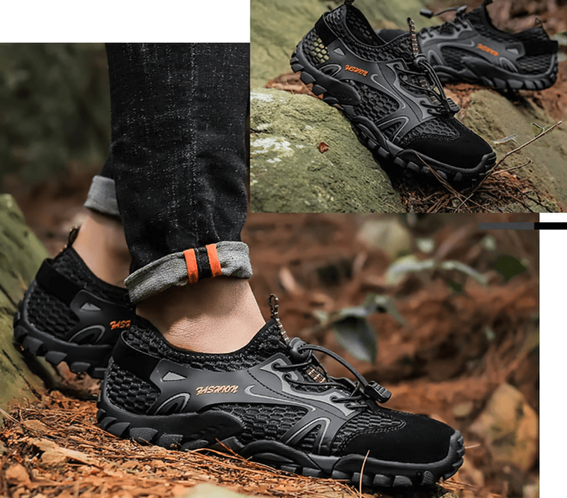 Men's waterproof non-slip climbing sneakers with patchwork design, black color, on outdoor terrain showcasing grip and style - SF0579