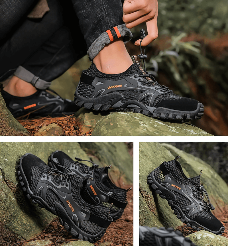 Men's waterproof non-slip climbing sneakers, black design with rugged rubber outsole on rocky terrain for hiking adventures.