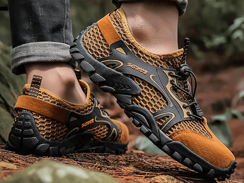 Waterproof non-slip climbing sneakers for men with air mesh and PU leather, brown and black, flexible rubber outsole, SF0579.