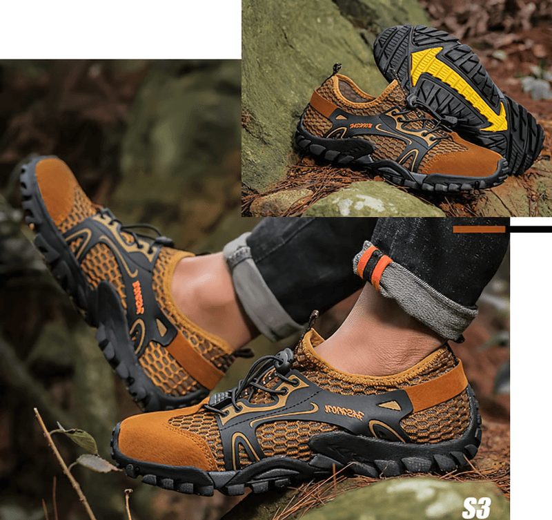 Alt Tag: Men's waterproof non-slip climbing sneakers with a durable rubber sole in a stylish patchwork design, ideal for hiking.