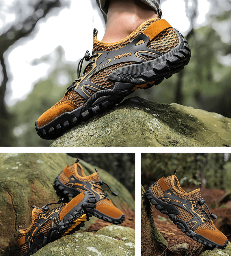 Waterproof non-slip climbing sneakers for men, showcasing durable design and robust traction on rocky terrain.