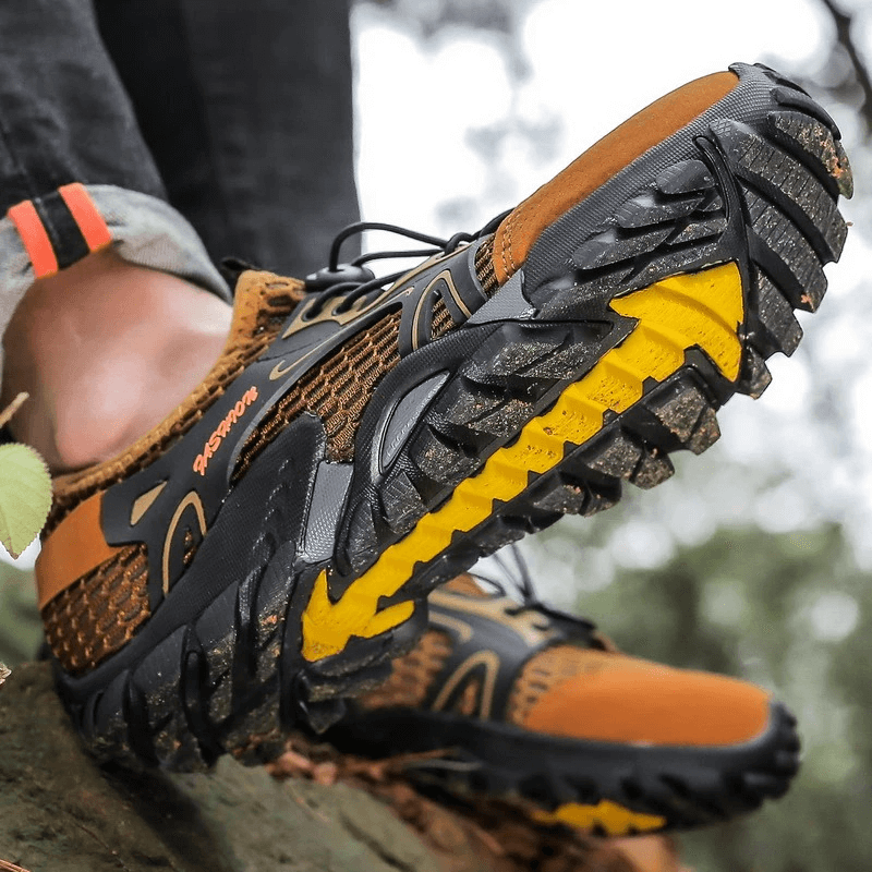 Waterproof non-slip climbing sneakers for men with patchwork design and flexible rubber outsole, perfect for hiking and outdoor activities.