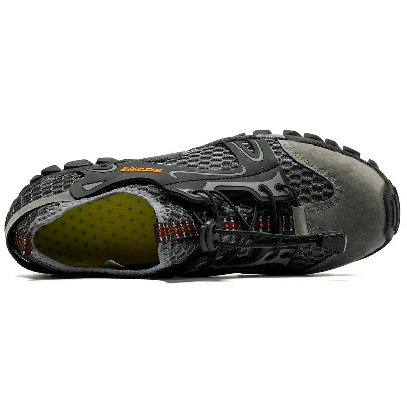Top view of a black waterproof non-slip climbing sneaker for men with air mesh and PU leather design, showcasing rugged rubber sole.