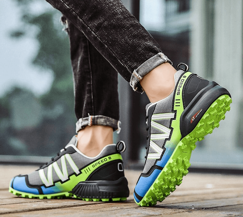 Waterproof non-slip men's sneakers SF0780 in action, featuring colorful design, EVA outsole, and geometric closure for sports or casual wear.