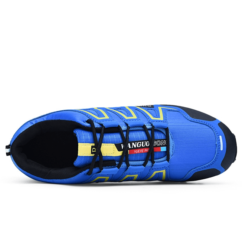Top view of blue and yellow waterproof non-slip men's sneakers SF0780, featuring lace-up design, EVA outsole, mesh lining.