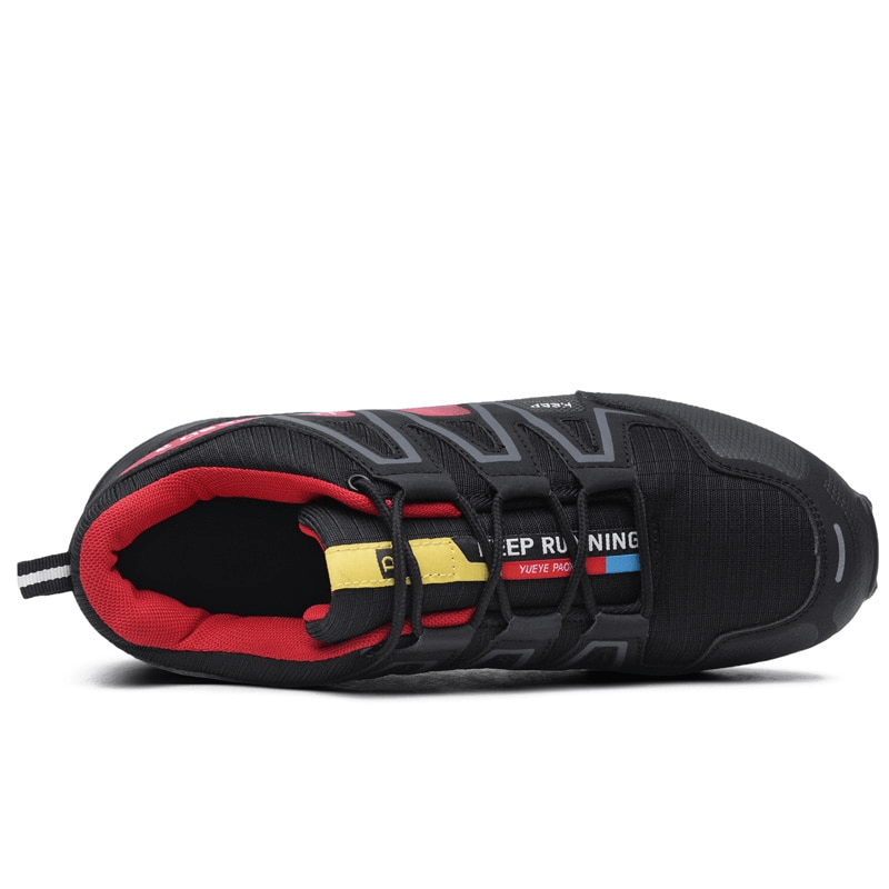 Top view of waterproof non-slip men's sneaker SF0780 with lace-up design, black artificial leather, and red interior for sports or casual wear