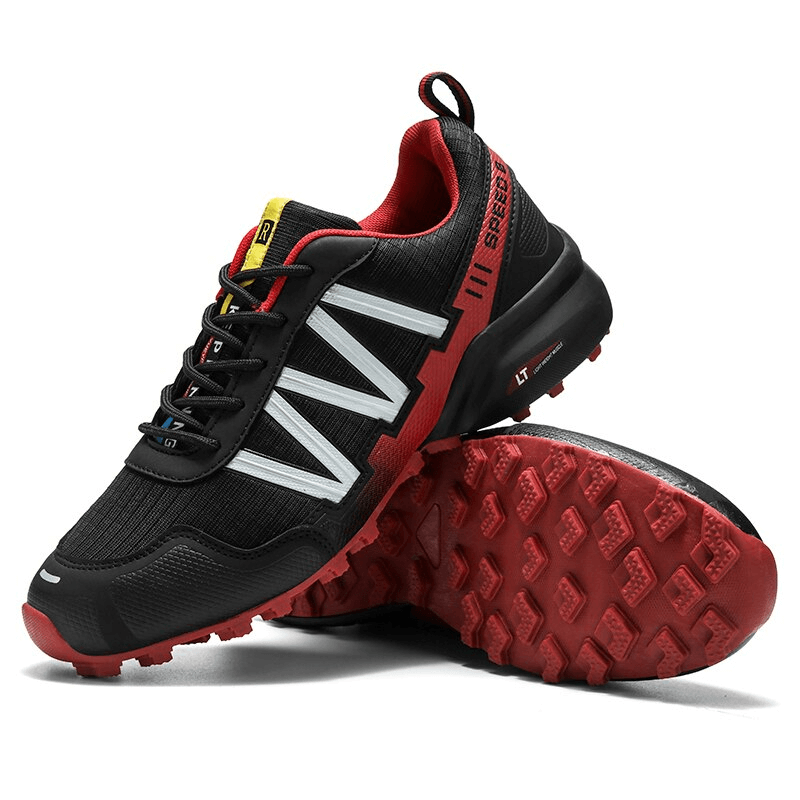 Black and red waterproof non-slip men's sneakers with geometric design and lace-up closure, perfect for casual or sports activities.