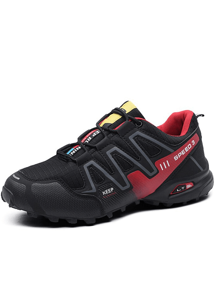 Waterproof non-slip men's sneakers SF0780 in black with red accents, lace-up design, breathable artificial leather, and EVA outsole.