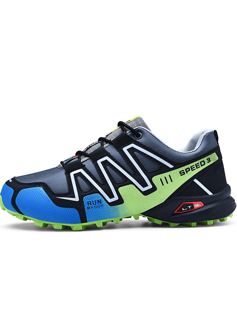 Waterproof non-slip men's sneakers in blue and green, featuring geometric design, ideal for sports and casual wear. Model SF0780.