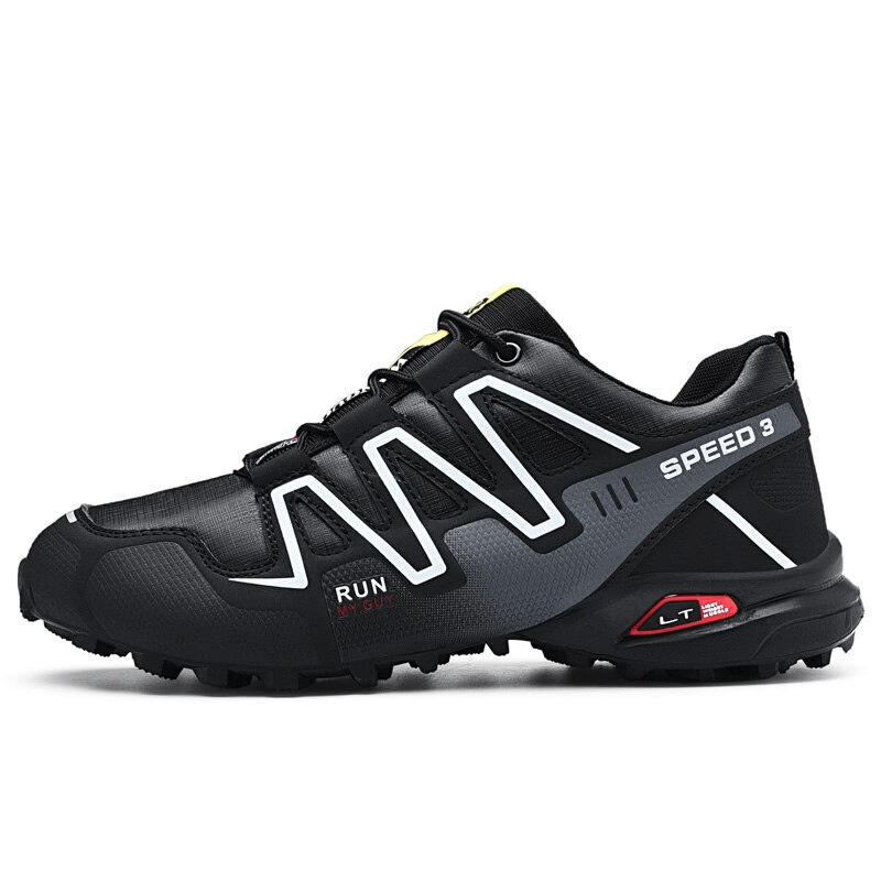 Waterproof non-slip men's sneakers, black sports shoes with EVA outsole, lace-up closure, breathable design for casual or athletic use.
