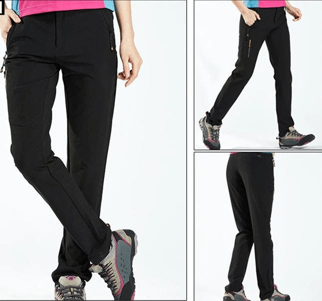 Black waterproof quick dry breathable women's pants with pockets, ideal for outdoor activities like hiking, camping, and climbing.