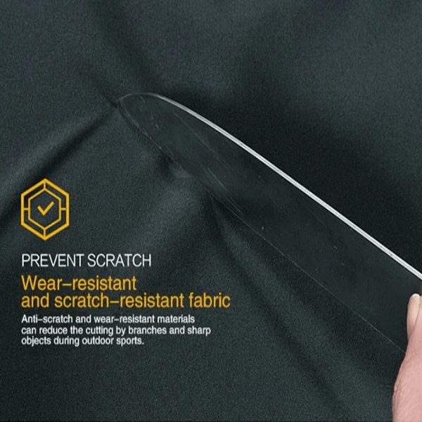 Knife demonstrating scratch-resistant fabric of waterproof women's pants, perfect for outdoor activities like hiking and cycling.