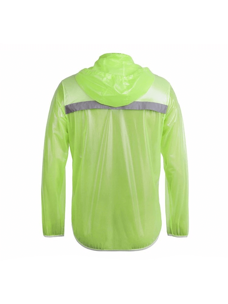 Waterproof reflective bike rain cover with hood, bright green, breathable polyester fabric, designed for male cyclists, solid pattern.