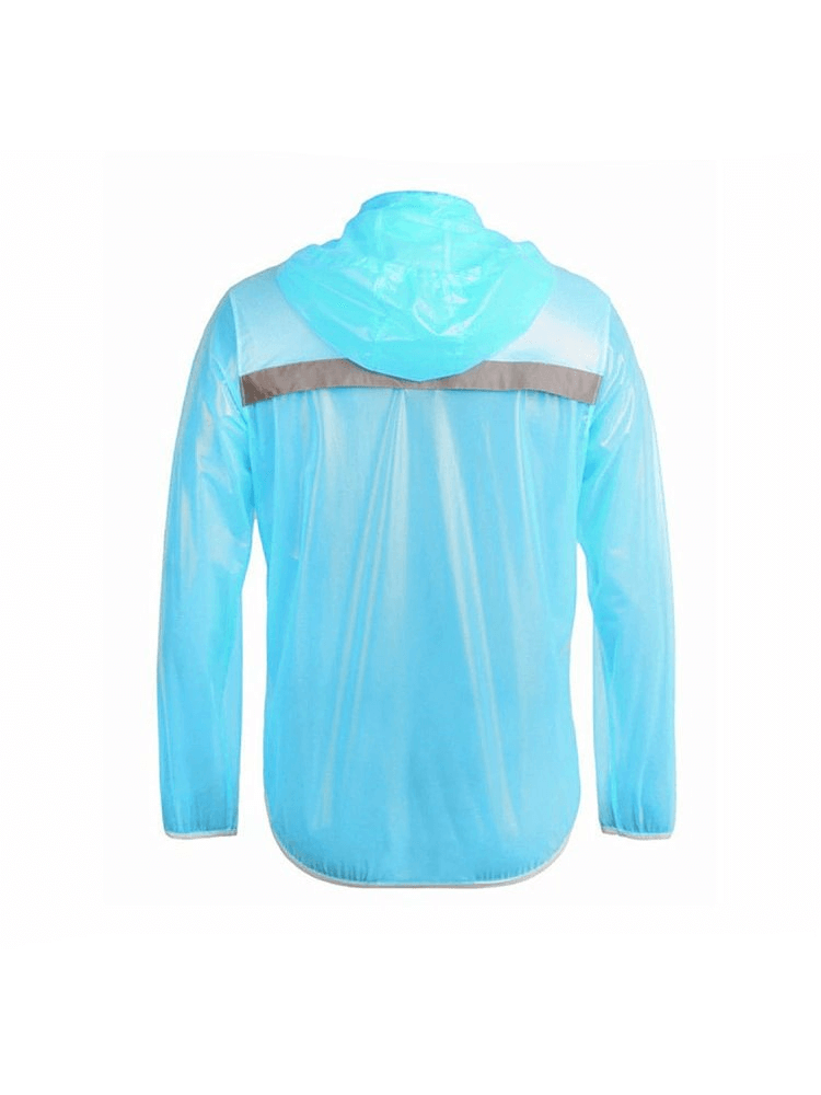 Blue waterproof reflective bike rain cover with hood for male cyclists, featuring solid pattern and breathable polyester fabric.