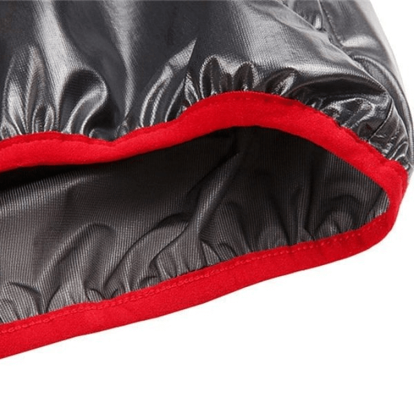 Weather-resistant hood of waterproof reflective bike rain cover for men, SF0304, in black with red trim.