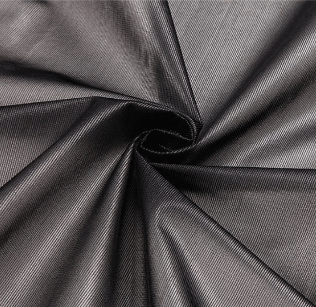 Close-up of black waterproof polyester fabric, ideal for reflective bike rain covers. Features solid pattern and durable texture.