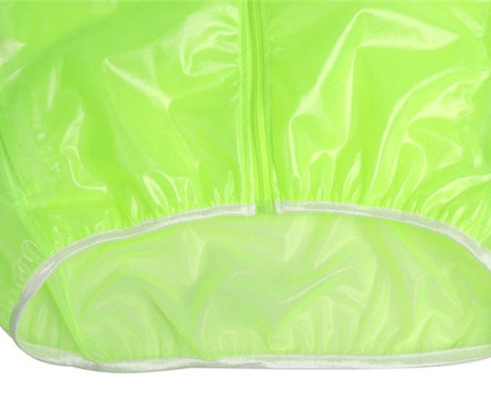 Bright green waterproof reflective bike rain cover with hood, designed for male cyclists, showcasing shiny polyester fabric.