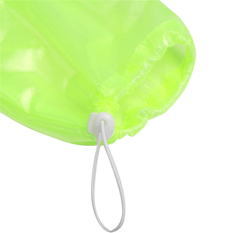 Close-up of bright green waterproof reflective bike rain cover with adjustable drawstring, designed for improved visibility and protection.