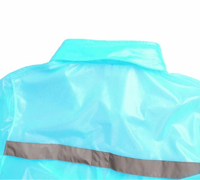 Blue waterproof reflective bike rain cover with hood, featuring reflective strip for visibility and solid pattern. Made from polyester.