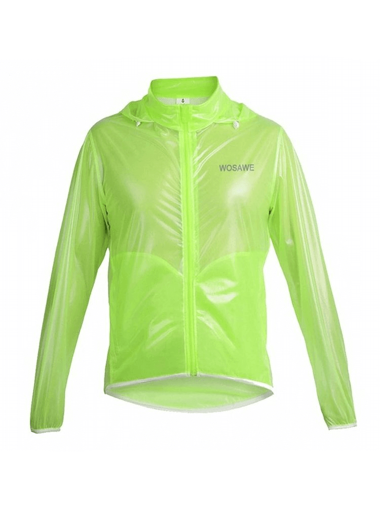 Bright green waterproof bike rain cover with hood for men, featuring a reflective finish and breathable polyester fabric.