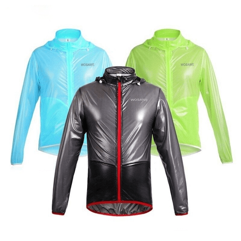 Three waterproof reflective bike rain covers with hoods for men in blue, green, and black, offering protection and visibility.