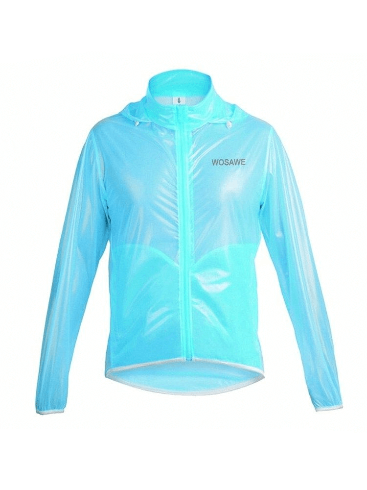 Waterproof reflective blue bike rain cover with hood for male cyclists, featuring breathable polyester fabric and solid pattern.