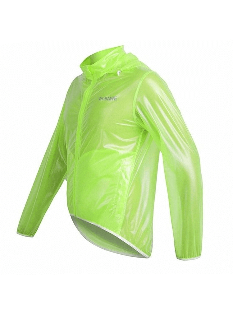 Neon green waterproof reflective bike rain cover with hood, designed for male cyclists, made from breathable polyester fabric.