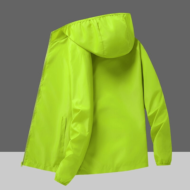 Lime green waterproof reflective sun protective women's jacket for camping and hiking, with hood and quick-dry polyester material.