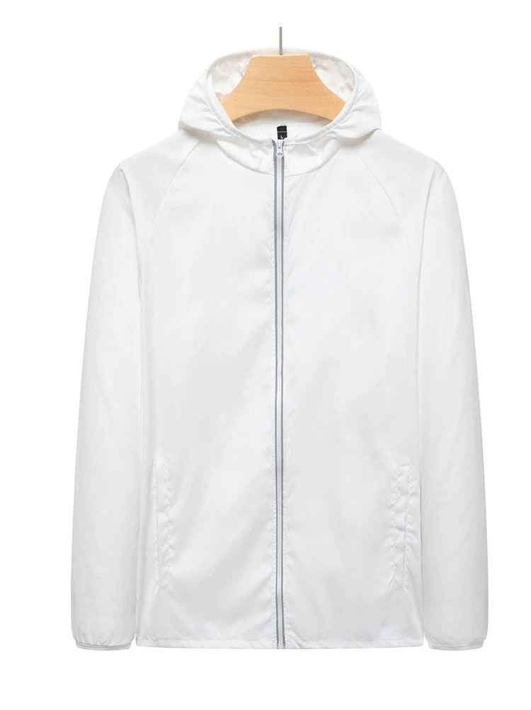 White waterproof reflective sun protective women's jacket for hiking and camping, featuring quick dry and anti-UV material.