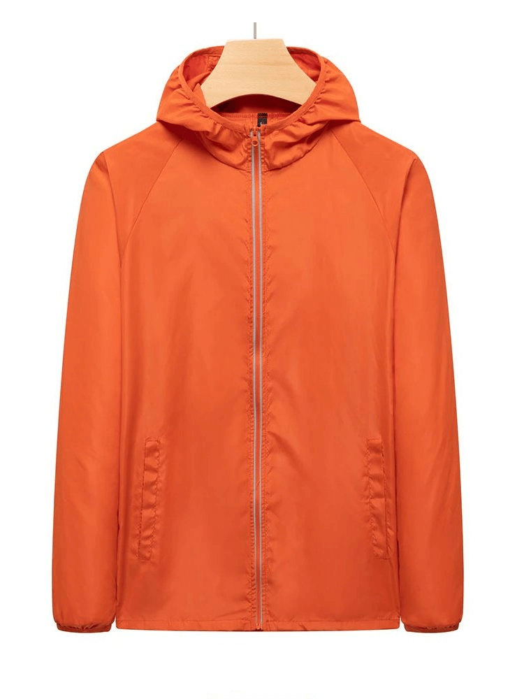 Orange waterproof reflective women's jacket with hood for camping and hiking, featuring sun protection and quick-dry polyester.