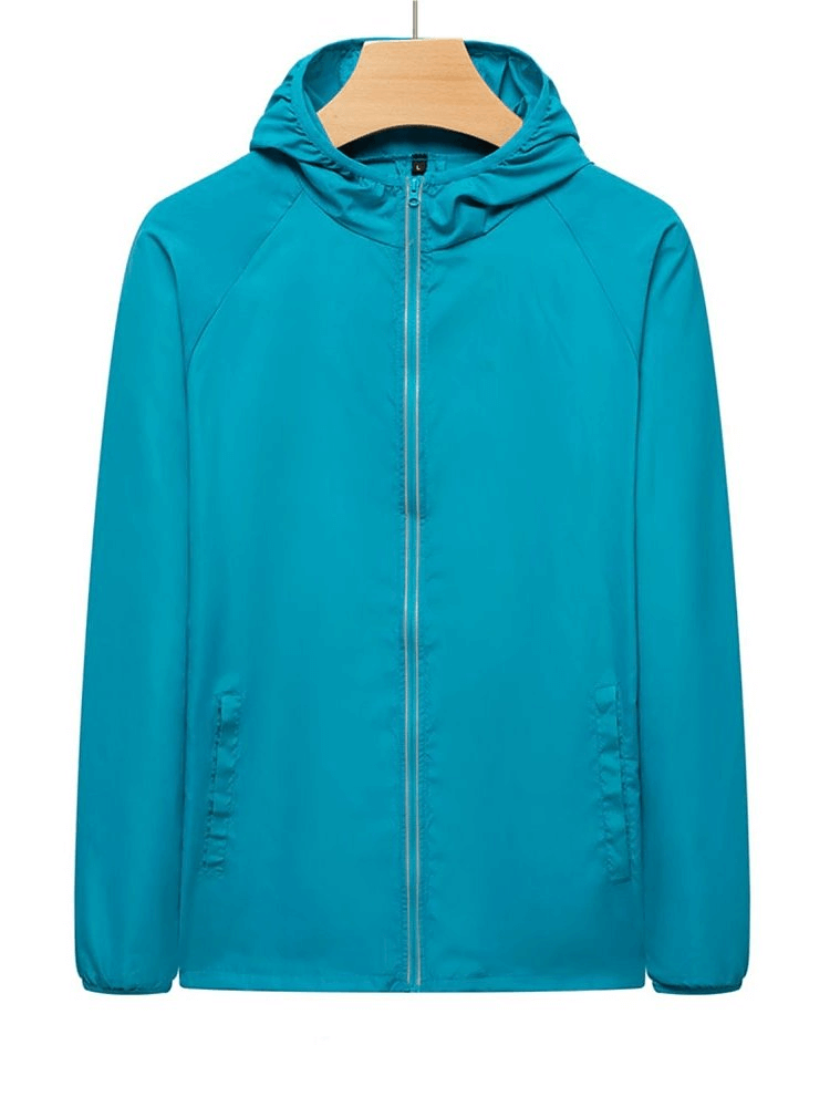 Teal waterproof reflective sun protective women's jacket for camping and hiking, SF0310. Quick-dry, anti-UV, and anti-static material.