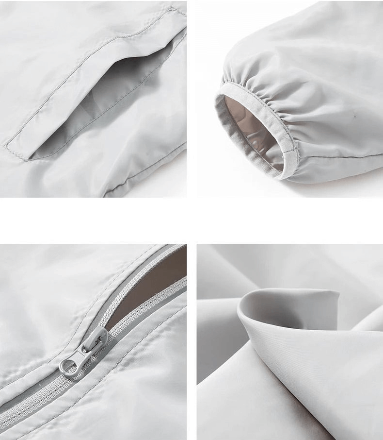 Close-up of waterproof reflective sun protective women's jacket details, including zipper, pocket, sleeve, and hem in polyester material.