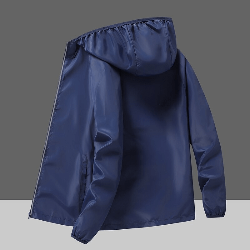 Blue waterproof reflective sun protective women's jacket with hood, ideal for hiking and camping outdoors, SF0310.