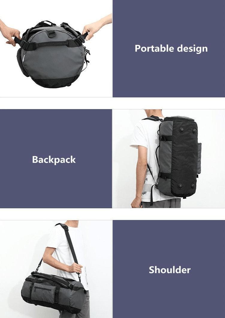 Versatile waterproof sports bag worn as backpack and shoulder bag, featuring portable design with compartments for dry and wet clothes.