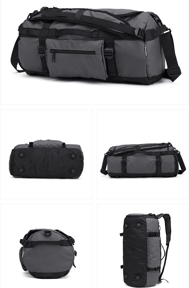 Durable waterproof sports bag with dry and wet compartments, black polyester, unisex design, 52x28x28cm, perfect for training.