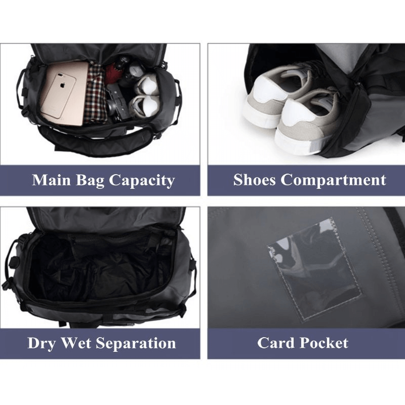 Waterproof sports bag with compartments: main capacity, shoes section, dry-wet separation, and card pocket for organized storage.