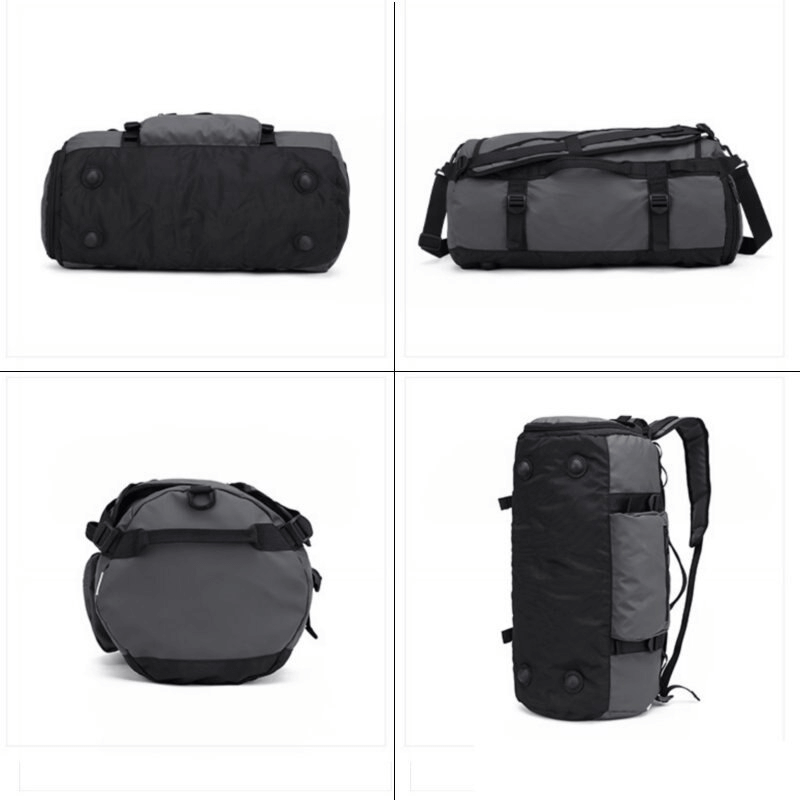 Unisex waterproof sports bag in black and grey, featuring dry and wet compartments, zipper pockets, and shoe space. Ideal for training.