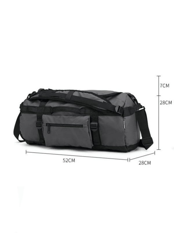 Waterproof sports bag with dry and wet separation, 52x28x28cm, showing compartments and dimensions. Perfect for unisex training.