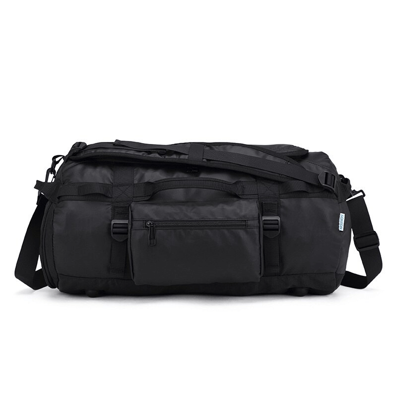 Black waterproof sports bag SF0920 with dry and wet clothes compartments, side pocket, and shoe compartment, ideal for training.