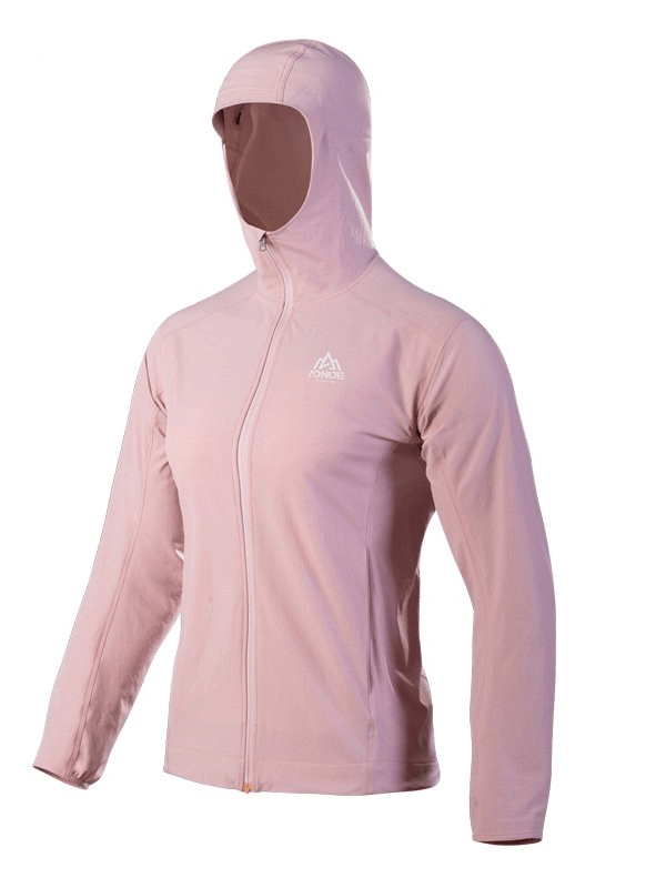 Light pink waterproof sports women's jacket with hood and zipper, perfect for running and outdoor activities.
