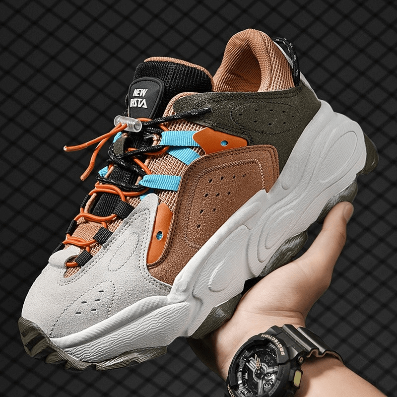 Waterproof thick bottom running shoes, SF0376, perfect for outdoor walking. Handheld view showcasing detailed design and comfort features.