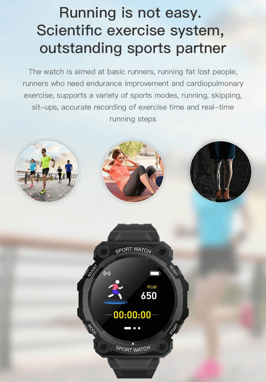 Waterproof sports fitness wristwatch with touch screen displaying kcal tracking, running modes, and exercise features.