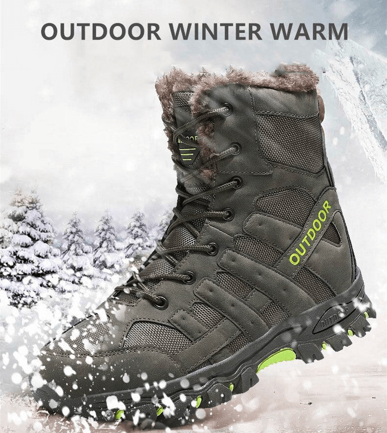 Outdoor winter warm men's waterproof motorcycle boots with plush lining and rugged sole, perfect for snow and hunting adventures.