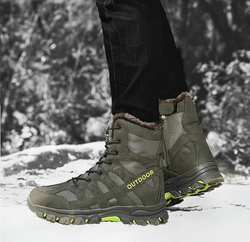 Men's waterproof motorcycle boots with plush lining, durable canvas upper, and lace-up closure, perfect for winter outdoors.