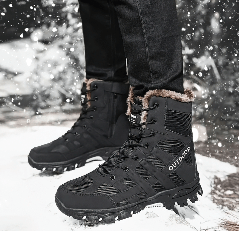 Waterproof men's motorcycle boots with plush lining in snow, showcasing durability and comfort, perfect for winter adventures.