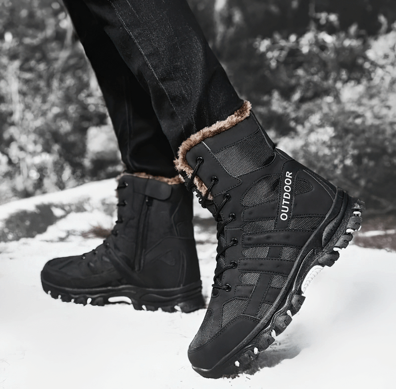 Men's waterproof motorcycle boots with plush lining, durable canvas upper and rubber sole, perfect for winter outdoor adventures.