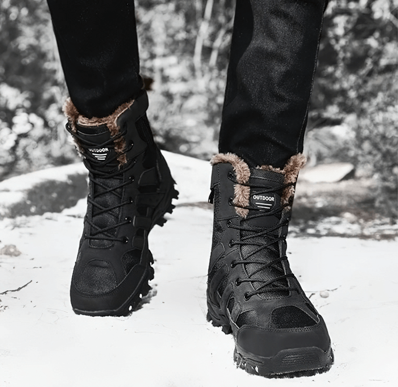 Stylish waterproof men's motorcycle boots with plush lining in snowy outdoor setting, ideal for winter adventures.