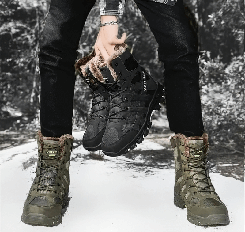 Man holding black waterproof men's motorcycle boots with warm plush lining; olive green boots worn, featuring outdoor and winter design.