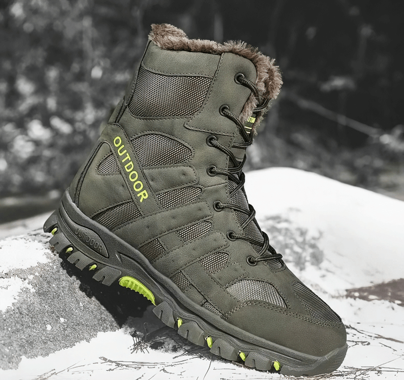 Waterproof men's motorcycle boot with warm plush, lace-up, and durable rubber sole, ideal for winter and outdoor adventures.